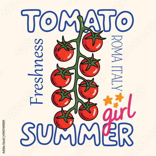 Tomato retro food fashion graphics. vegan organic food print design. tropical tomato tee shirt design. vegetables for organic food and healthy diet design. fruit print design. tomato tee shirt.