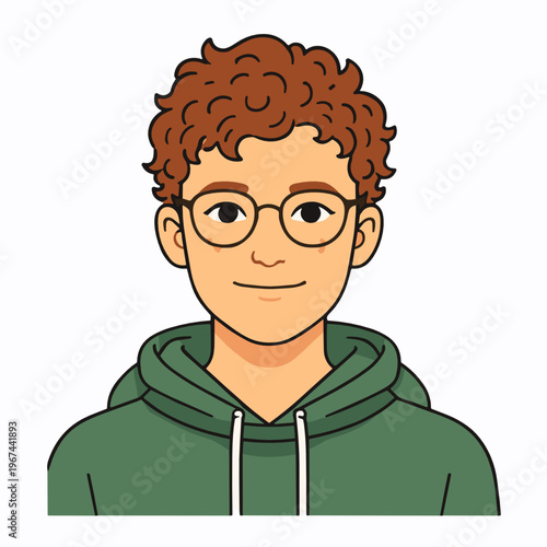 Friendly young male avatar with curly hair, glasses, and a green hoodie. Great for student profiles, casual app users, online communities, and youthful character branding.