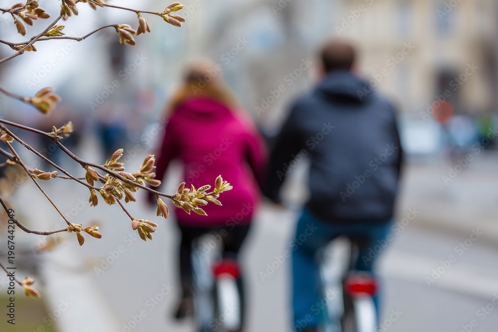 Obraz premium A romantic couple riding bicycles in the city on a spring day. Close-up of a tree branch with new buds in the foreground. Togetherness and active lifestyle concept