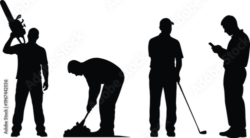 Worker silhouettes set, construction labor, gardener digging, golf player, chainsaw operator, outdoor work, manual labor, isolated black figures collection