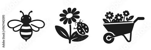 A spring gardening collection shows a striped bee, daisy with a spotted ladybug, and flower-filled wheelbarrow. Bold silhouette vector suits nature, backyard, and seasonal design projects.