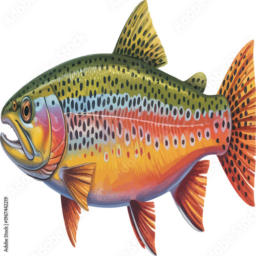 A colorful illustration of a brown trout with vibrant orange and yellow scales and black spots