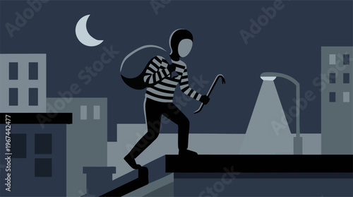 Masked Burglar on City Rooftop at Night with Crowbar and Sack