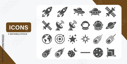 Space and universe icon set with rocket, astronaut, planets, and galaxy silhouette symbols