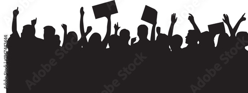 Crowd with raised signs and arms in protest or rally Keywords: crowd, protest, rally, signs