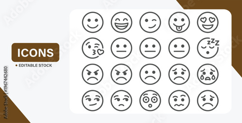 Tableau sur toile Outline emoticon face icon set with various expressions and emotions vector illu