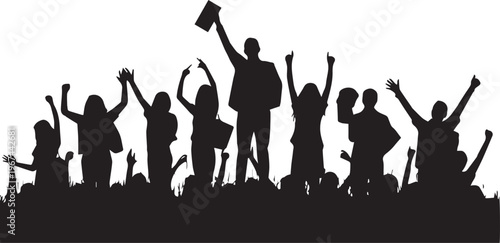 Diverse crowd celebrating with raised hands and a diploma Keywords: crowd, celebration, people