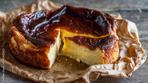 Basque cheesecake on a rustic background