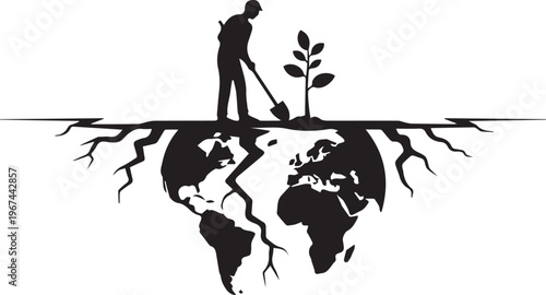 Gardener planting a sapling on a cracked Earth silhouette