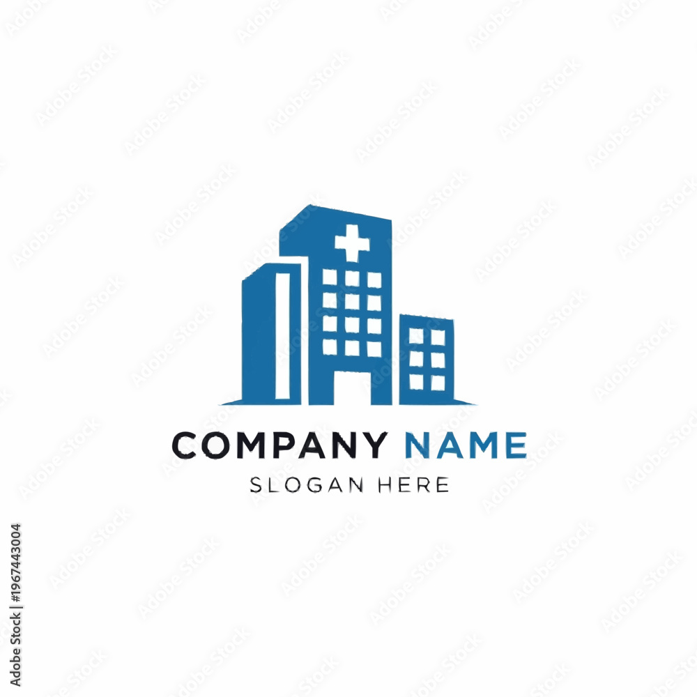 Fototapeta premium Blue Hospital Building Logo Design for Healthcare Company Branding.