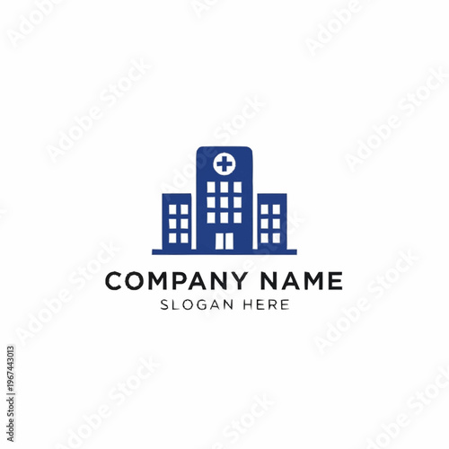 Blue Hospital Building Logo Design with Company Name and Slogan.