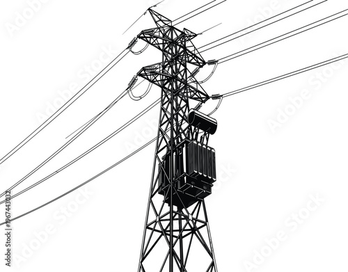 Black and white of a power transmission tower with electrical wires and transformer power tower electricity