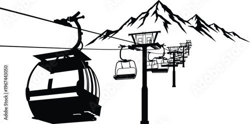 Black and white of a ski lift with mountains cable car gondola
