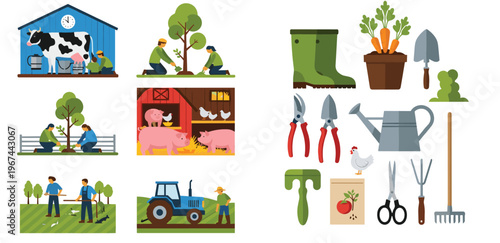Farm and Gardening Vector Set with Barn Animals, Tractor, Farmers, Garden Tools, Rubber Boots, Watering Can, and Planting Icons