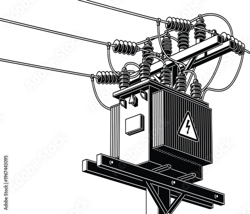 Black and white of an electrical transformer with warning sign power transformer voltage electrical equipment