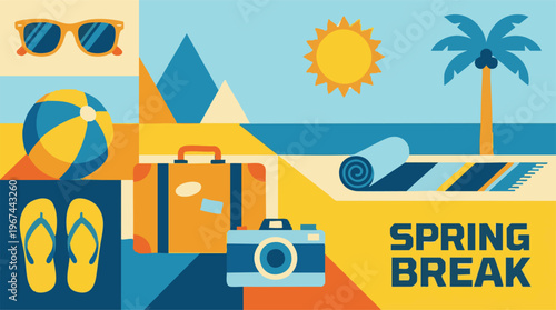 Colorful flat design illustration for spring break vacation and travel