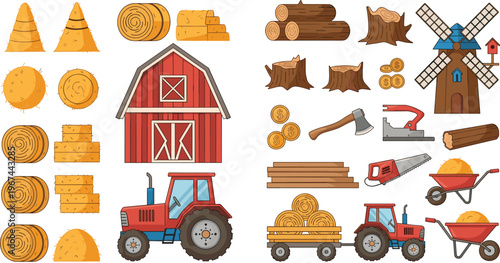 Farm and Wood Harvest Vector Set with Barn, Tractor, Hay Bales, Windmill, Logs, Stumps, Axe, and Rural Equipment
