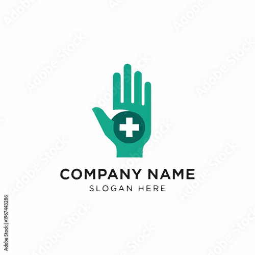 Medical Hand Logo - Green Hand with Plus Sign for Healthcare Services.