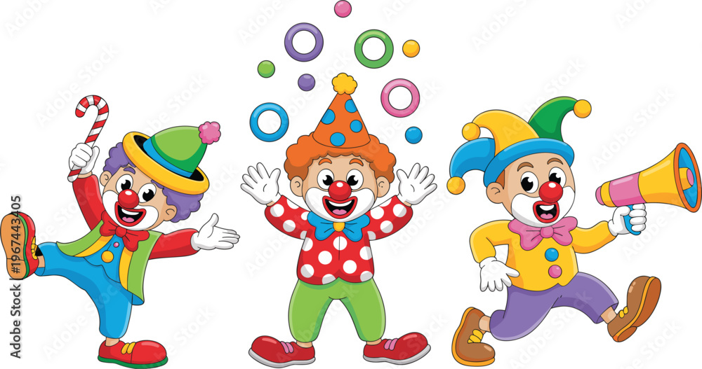 Naklejka premium Cute cartoon clowns performing circus fun with colorful costumes, juggling balls, and playful expressions for kids