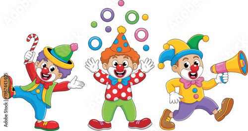 Cute cartoon clowns performing circus fun with colorful costumes, juggling balls, and playful expressions for kids
