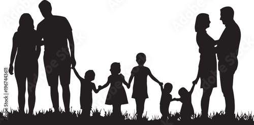 Silhouette family holding hands in grass children parents
