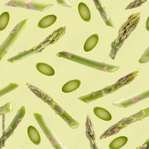 Seamless pattern with fresh green asparagus on colored background. Vegetable texture for packaging.