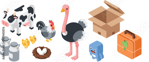 Farm Animal and Packaging Vector Set with Cow, Chicken, Ostrich, Milk Can, Nest, Cardboard Box, Suitcase, and Cute Octopus