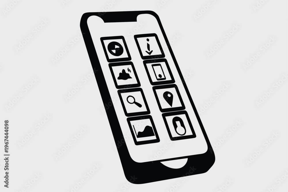 Obraz premium Black and white smartphone screen display with multiple app icons for digital technology concept