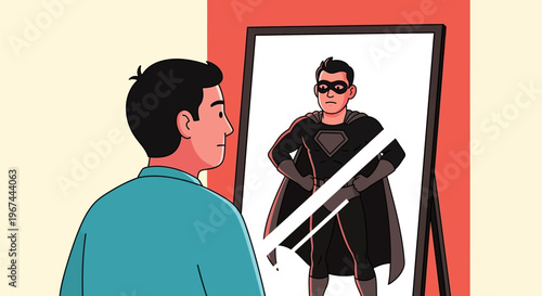 Man looking at superhero reflection.