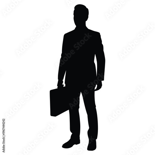 A sharply dressed businessman stands with a briefcase presented as a striking silhouette