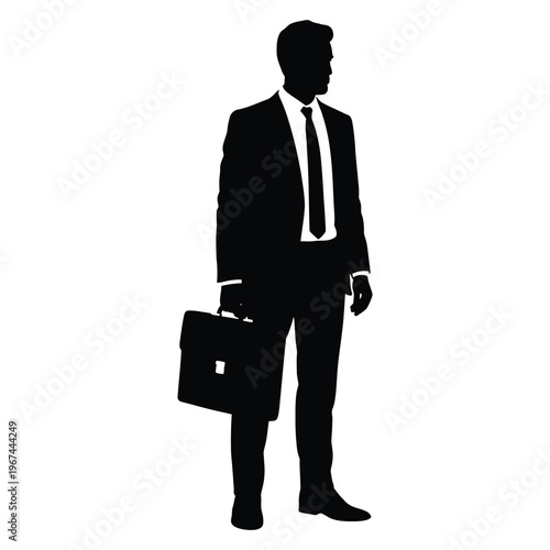 A sharply dressed businessman stands with a briefcase presented as a striking silhouette