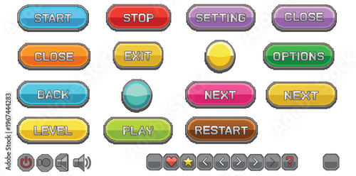 A colorful array of game buttons on a white background for user interface design