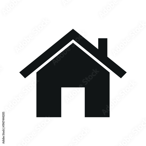 Black and white silhouette icon representing a simple house with a pitched roof and a chimney vector design