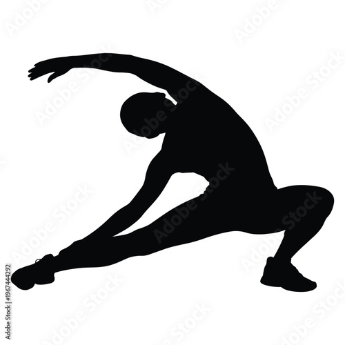 A person stretches sideways in a dynamic pose demonstrating flexibility and athletic ability silhouette