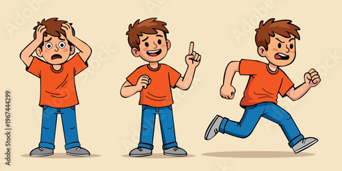 A cartoon boy expressing different emotions in three distinct poses