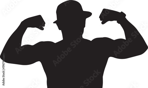Silhouette of a muscular man flexing biceps wearing a hat