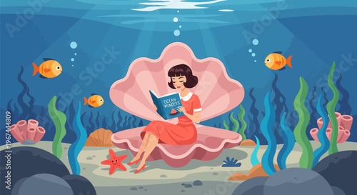 Mermaid sitting in seashell reading.