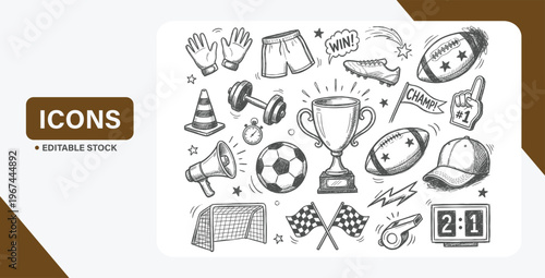 Hand-drawn soccer doodle icon set with football gear, trophies, and sketch line art elements