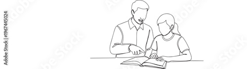 One Line Drawing of Father Teaching Child Reading Book at Table, Parenting and Home Education Concept, Continuous Line Art Vector Illustration
