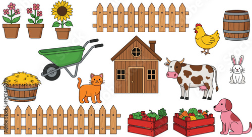 Farm Life Vector Set with Barn, Cow, Chicken, Rabbit, Wheelbarrow, Fence, Flowers, Cat, Dog, and Fresh Produce Crates