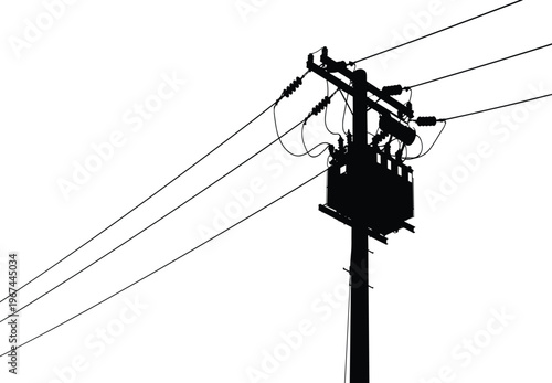 Black silhouette of electric utility pole with wires and transformer electric pole power pole electrical wires