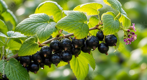 Ripe blackcurrants ripening on branch with leaves in garden. AI generated.