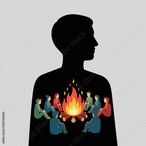 People sitting around campfire.