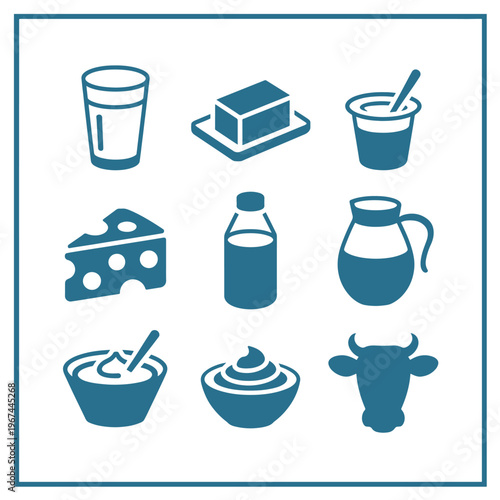 Dairy products and their packaging depicted in simple illustrations