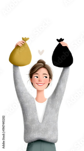 Happy young woman holding trash bags for recycling on white background