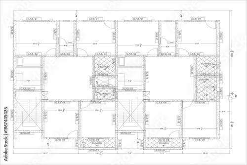 Residential beam framing plan with exterior structural layout details, illustrated in clean architectural CAD line art and isolated on a white background as a precise EPS 10 vector.