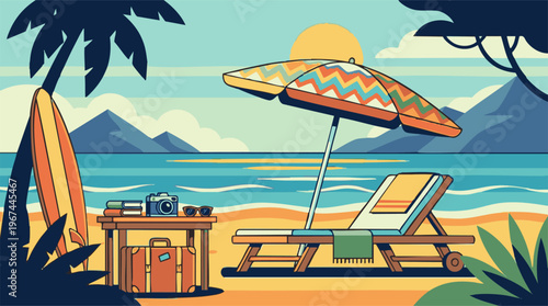 Stylized Tropical Beach Vacation Scene with Ocean and Palm Tree