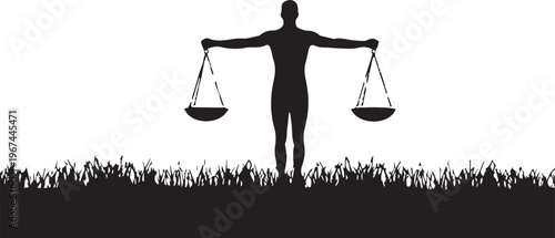 Silhouette of person holding scales of justice in grass