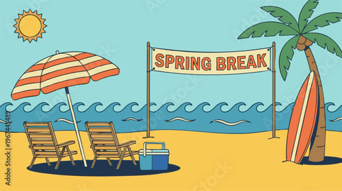 Sunny beach illustration for spring break with ocean, umbrella, chairs and palm tree
