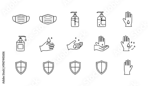 Health protection icons: face masks, hand sanitizer, gloves, and shield symbols, a collection of line art icons representing health and hygiene measures, ideal for illustra